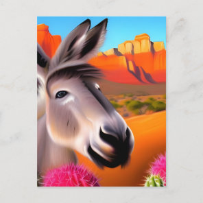 Cute Desert Donkey with flowering cactus   Postcard