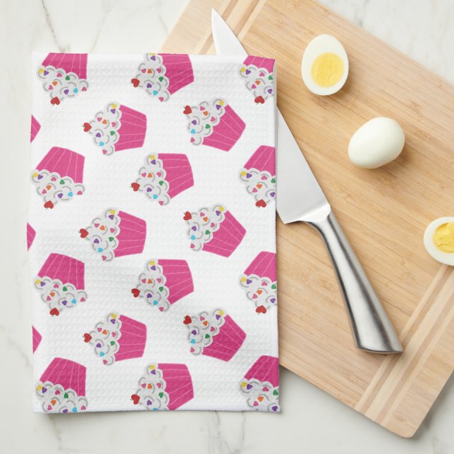 Cute Dessert Bright Pink Cupcake Pattern Kitchen Towel (Quarter Fold)