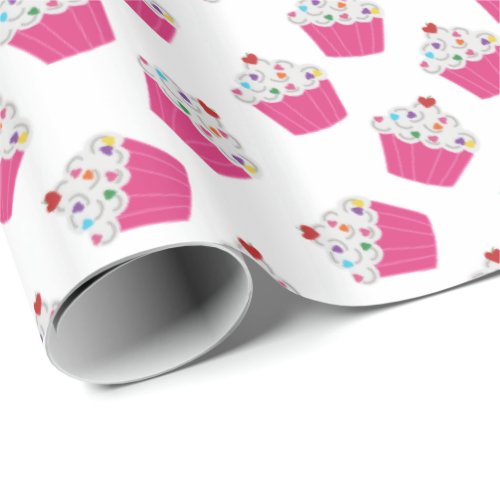 Cute Dessert Bright Pink Cupcake Pattern Wrapping Paper