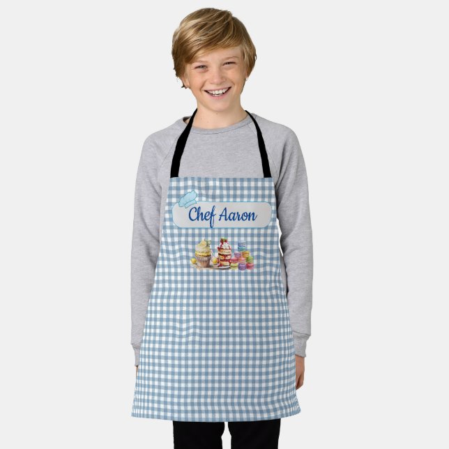 Cute Dessert Sweet Treats Kids Blue Gingham  Apron (Worn)