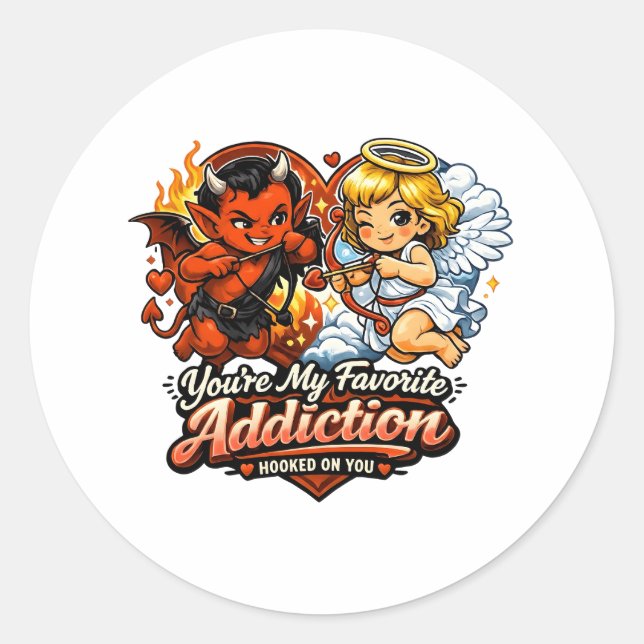 Cute Devil & Angel Valentine Day Love Design Classic Round Sticker (Front)