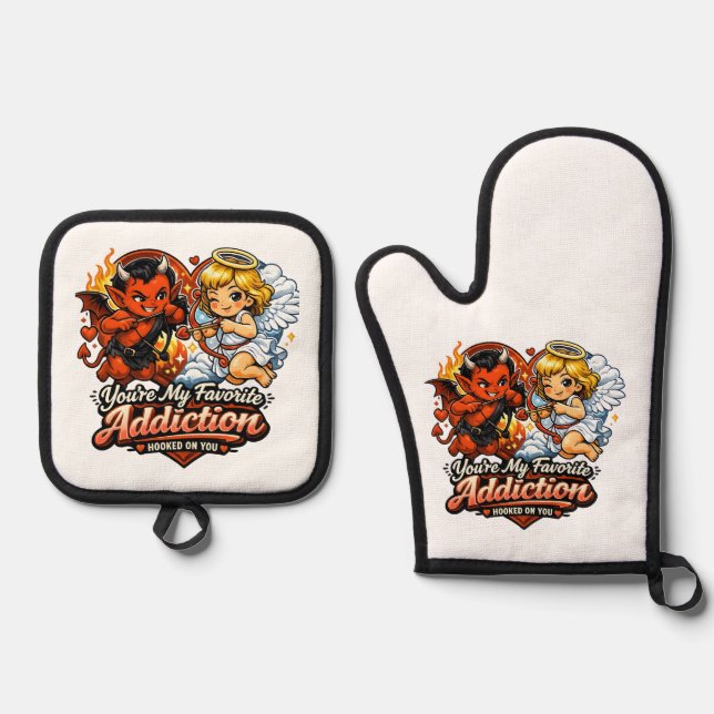 Cute Devil & Angel Valentine Day Love Design Oven Mitt & Pot Holder Set (Front)