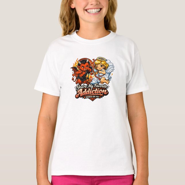 Cute Devil & Angel Valentine Day Love Design T-Shirt (Front)