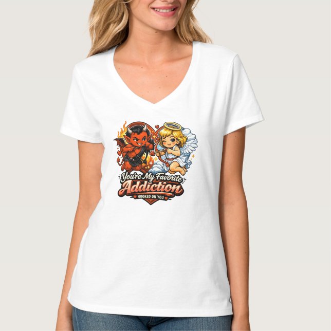 Cute Devil & Angel Valentine Day Love Design T-Shirt (Front)