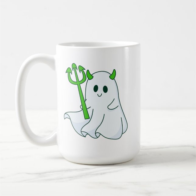 Cute Devil Ghost with Green Trident Coffee Mug (Left)