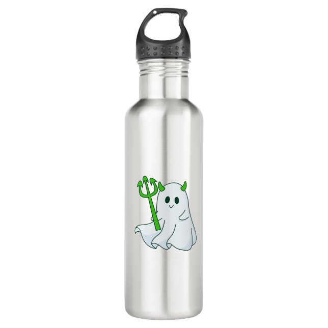 Cute Devil Ghost with Green Trident Stainless Steel Water Bottle (Front)