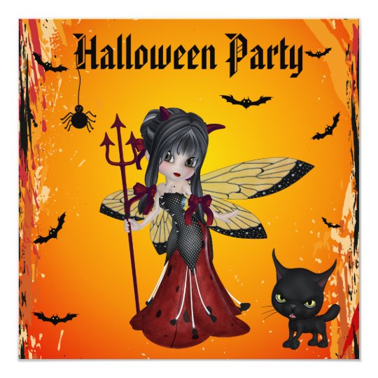Cute Devil Girl Flower Fairy & Cat Halloween Card