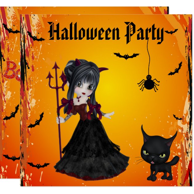Cute Devil Girl, Pitchfork & Cat Halloween Invitation