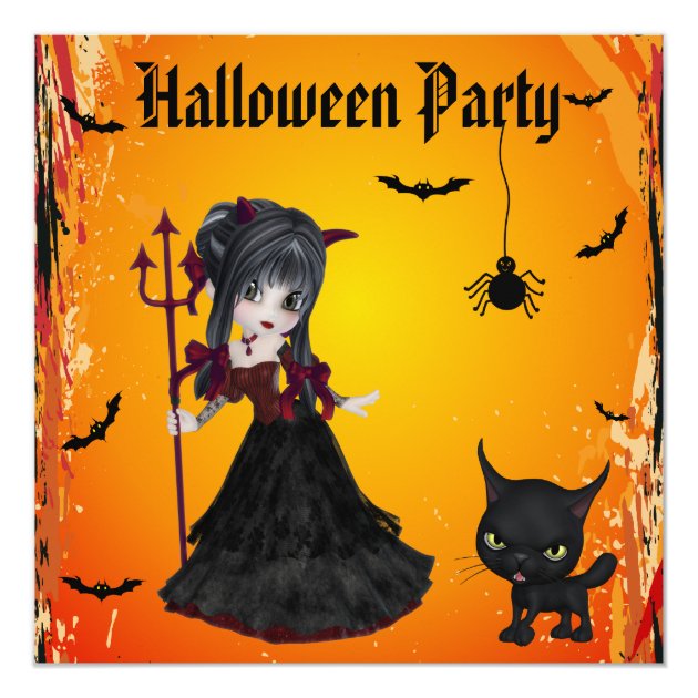 Cute Devil Girl, Pitchfork & Cat Halloween Invitation