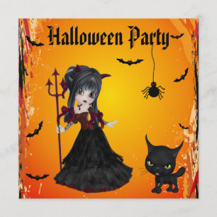 Cute Devil Girl, Pitchfork & Cat Halloween Invitation
