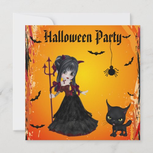 Cute Devil Girl Pitchfork  Cat Halloween Invitation