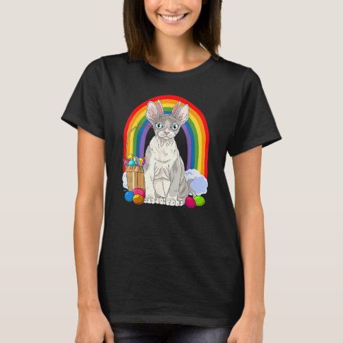 Cute Devon Rex Cat Rainbow Happy Easter Eggs Bunny T_Shirt