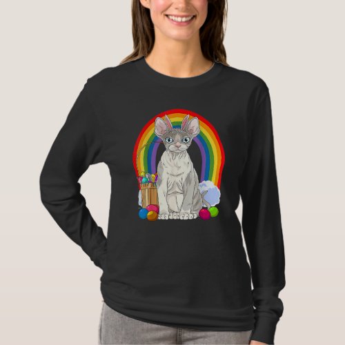 Cute Devon Rex Cat Rainbow Happy Easter Eggs Bunny T_Shirt