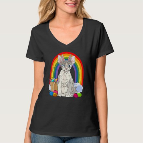 Cute Devon Rex Cat Rainbow Happy Easter Eggs Bunny T_Shirt