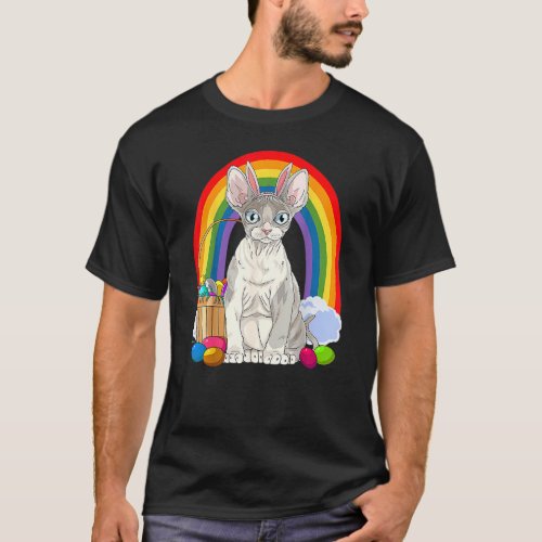 Cute Devon Rex Cat Rainbow Happy Easter Eggs Bunny T_Shirt