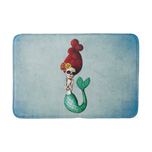 Cute Dia de Los Muertos Red Hair Mermaid Bath Mat