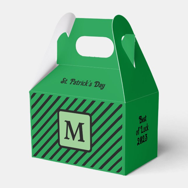 Cute Diagonal Stripes Green and Black Initial Favor Boxes (Front Side)