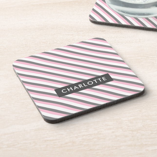Cute diagonal stripes pattern custom name beverage coaster (Left Side)