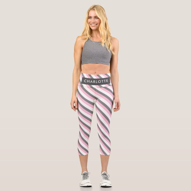 Cute diagonal stripes pattern custom name capri leggings (Front)