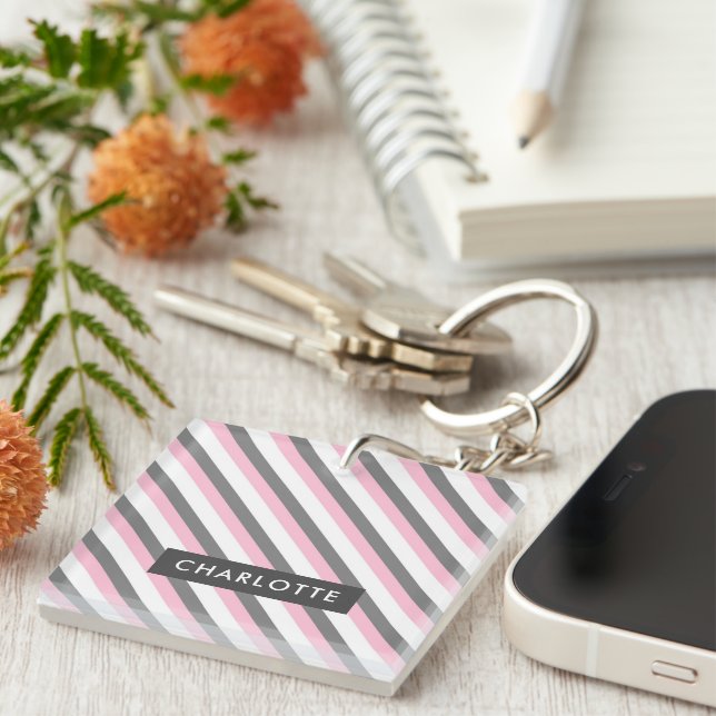 Cute diagonal stripes pattern custom name keychain (Front Right)