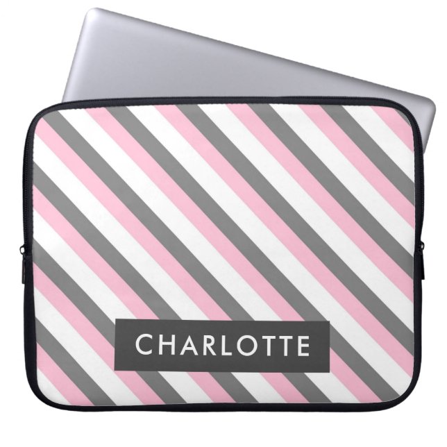 Cute diagonal stripes pattern custom name laptop sleeve (Front)
