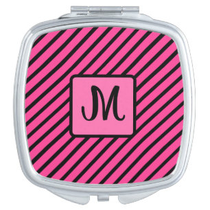 Cute Diagonal Stripes Pink and Black Initial Compact Mirror
