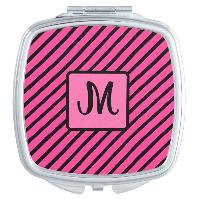Cute Diagonal Stripes Pink and Black Initial Compact Mirror (Front)