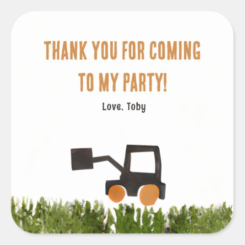 Cute Digger Truck Kids Birthday Party Thank You  Square Sticker