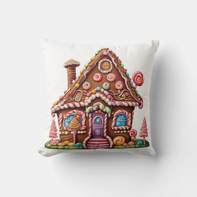 Cute Digital Painting of a Gingerbread House Throw Pillow (Front)