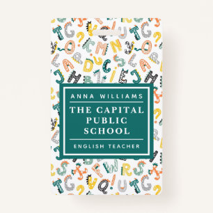 Cute Dino Alphabet Elementary School Teacher Name Badge