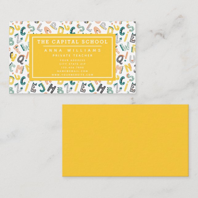 Cute Dino Alphabet - Teacher | Private Tutor Business Card (Front/Back)