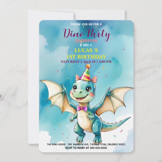 Cute DIno Baby Dinosaurs 1st Birthday party Save The Date (Front)