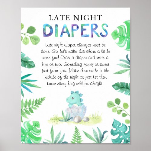 Cute Dino Boy Baby Shower Late Night Diaper Poster