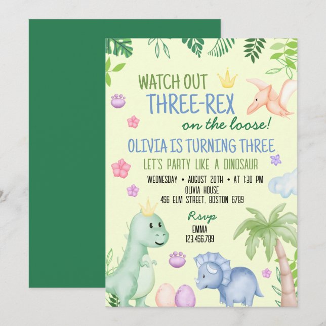 Cute Dino Boy Birthday Party Invitation (Front/Back)