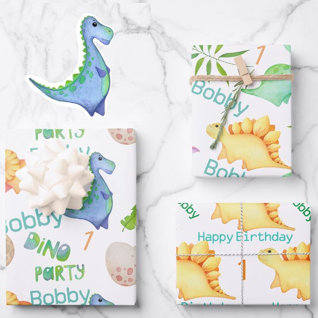 Cute Dino Boys Dinosaur Personalize 1st Birthday Wrapping Paper Sheets (Creator Uploaded)