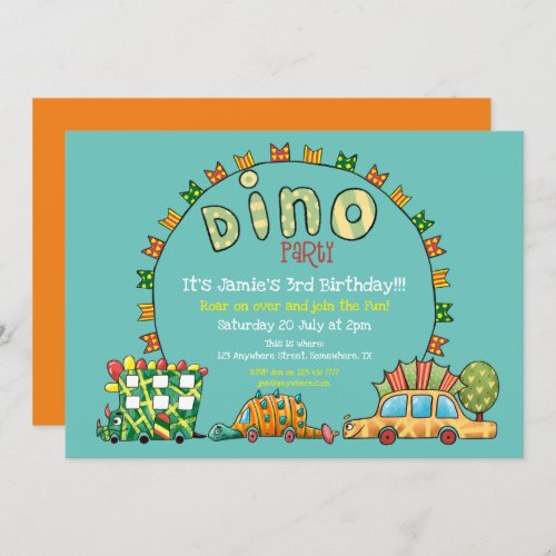 Cute Dino Cars Dinosaur Green Yellow Boys Birthday Invitation