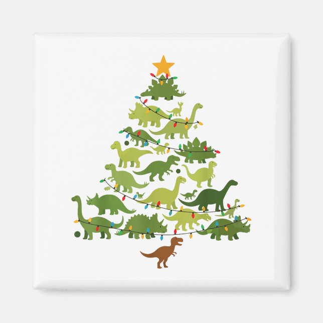 Cute Dino Christmas Tree Merry Dinomas Xmas Lights Magnet (Front)