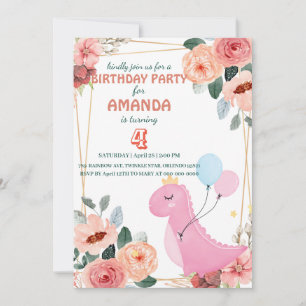 Cute dino crown balloon flora Birthday Party  Invitation