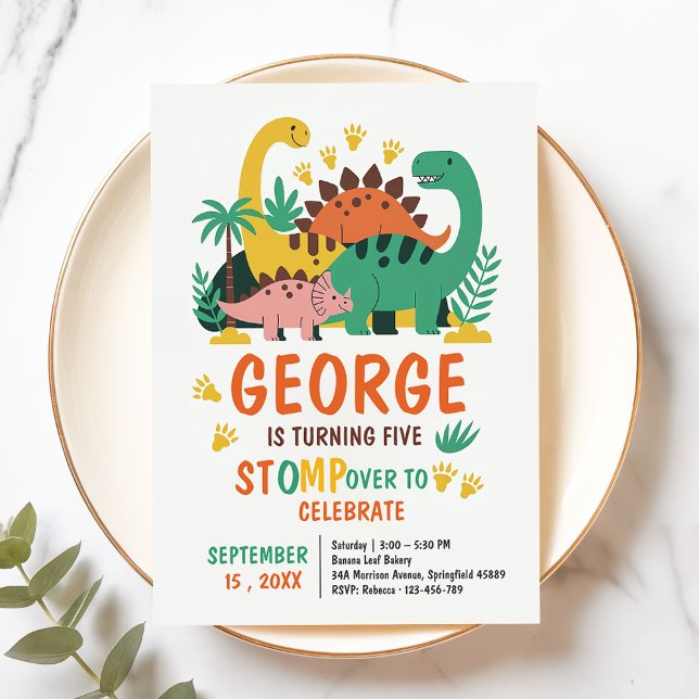 Cute Dino Dinosaur Jungle World 5th Birthday Invitation (Creator Uploaded)