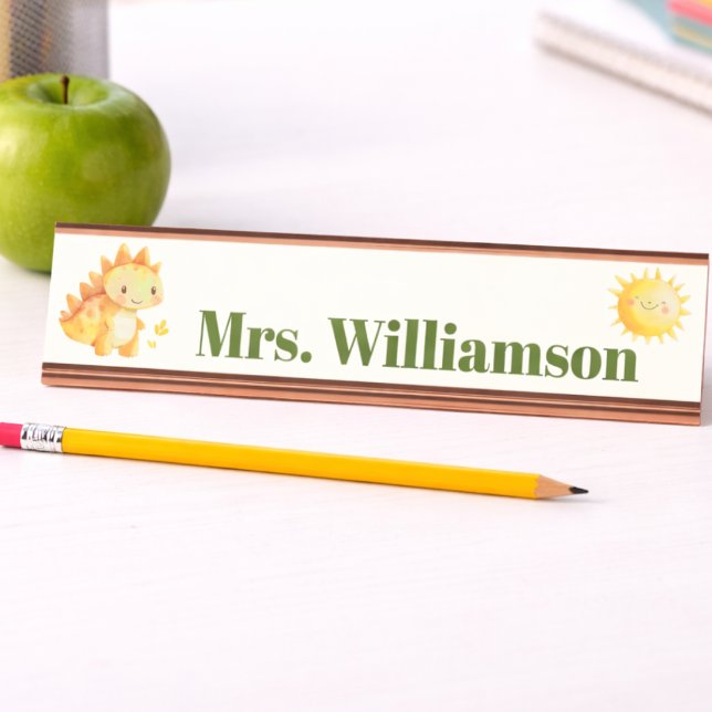 Cute Dino Dinosaur Teacher  Desk Name Plate (Cute Dinosaur Name Plate for teacher, educator or just for fun. Personalized with name. )