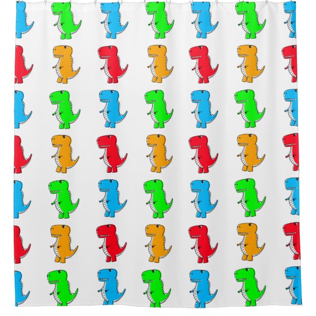 Cute Dino Drawing Pattern On White Shower Curtain (Front)