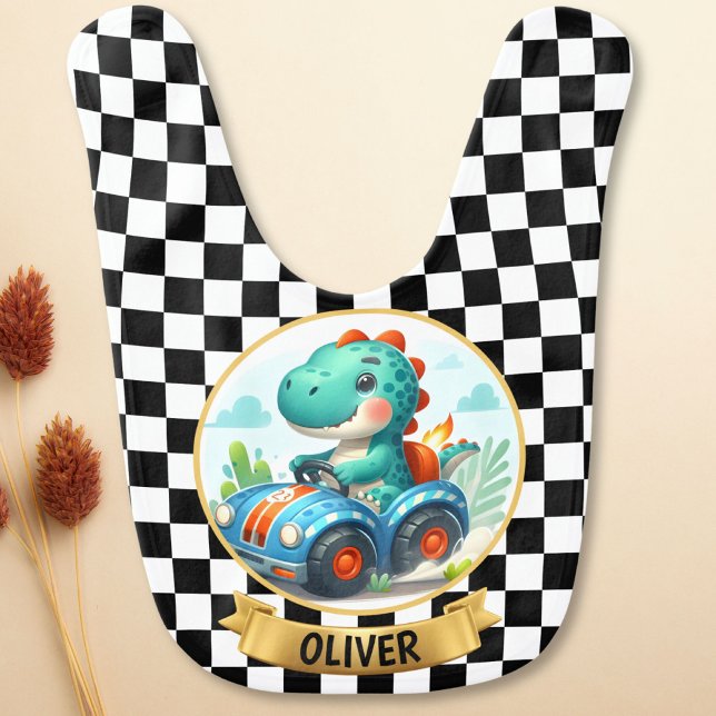 Cute Dino Driving a Race Car Baby Bib (Creator Uploaded)
