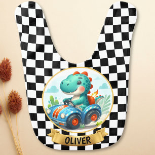 Cute Dino Driving a Race Car Baby Bib