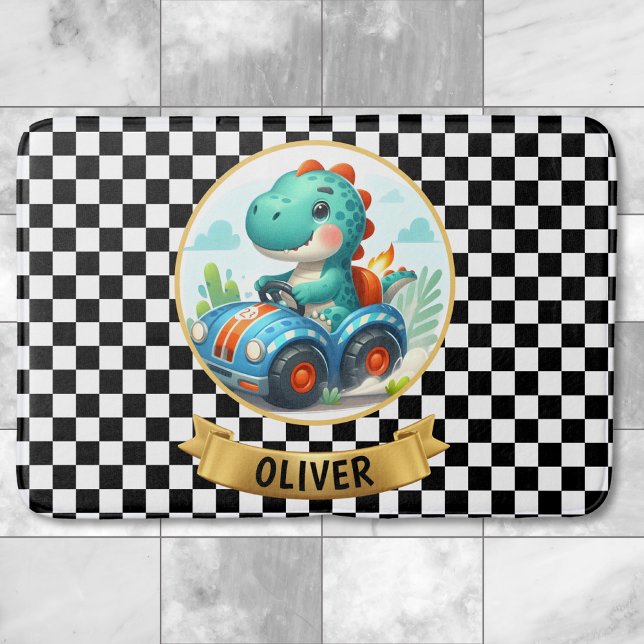 Cute Dino Driving a Race Car Personalized Bath Mat (Creator Uploaded)