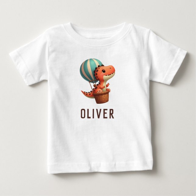 Cute Dino Flying in a Hot Air Balloon Baby T-Shirt (Front)
