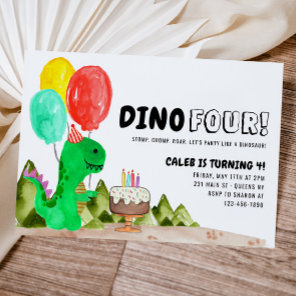 Cute Dino FOUR Balloon Cake Dinosaur 4th Birthday Invitation