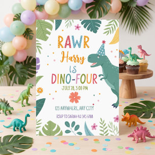 cute dino-four dinosaur boy 4th birthday  invitation