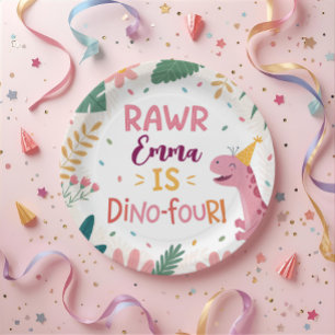Cute Dino-Four Pink Dinosaur Girl 4th Birthday Paper Plates