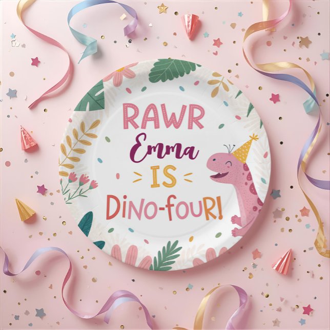 Cute Dino-Four Pink Dinosaur Girl 4th Birthday Paper Plates (Creator Uploaded)