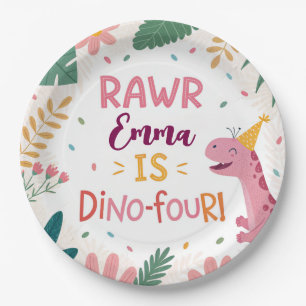 Cute Dino-Four Pink Dinosaur Girl 4th Birthday Paper Plates